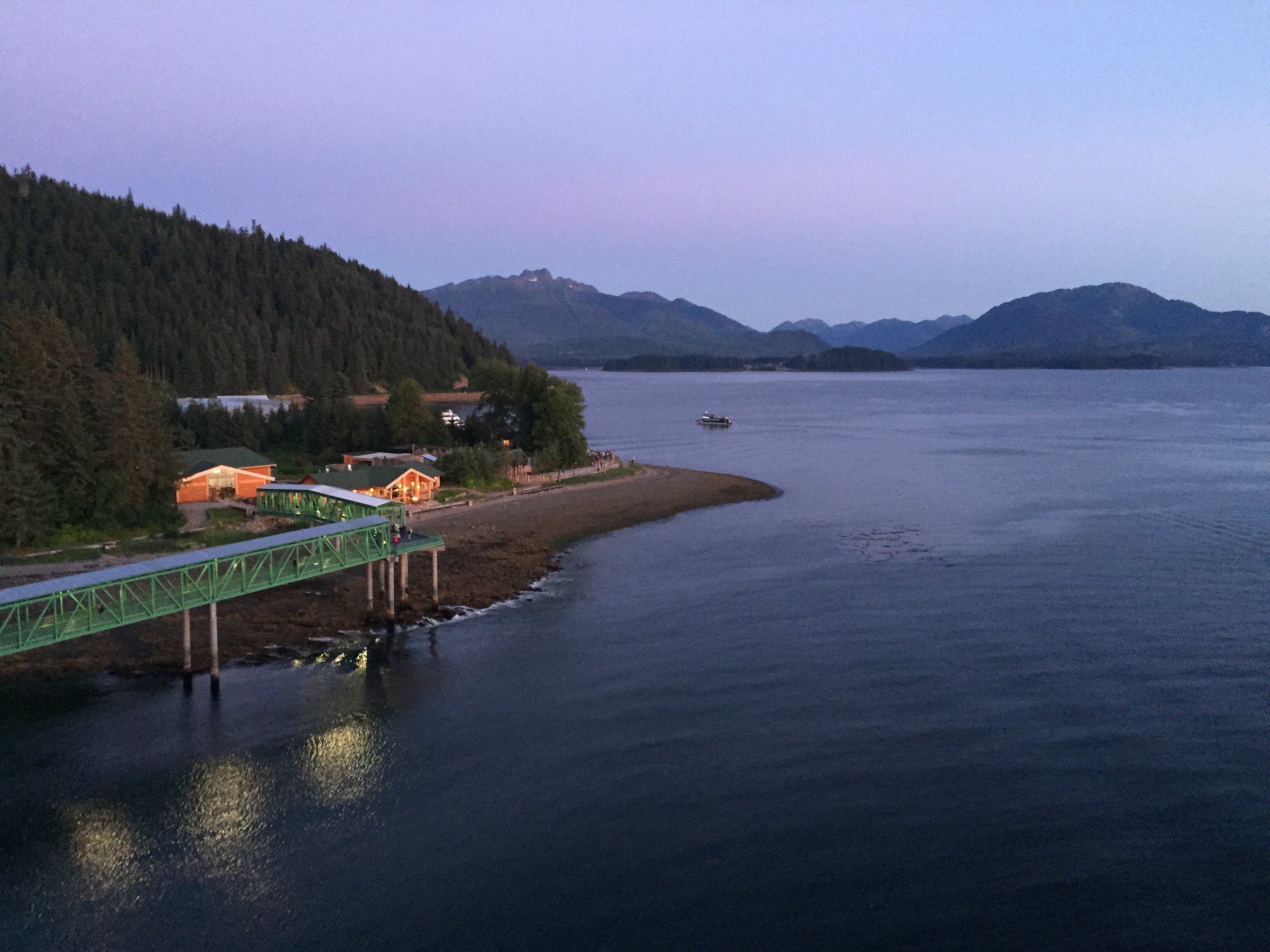 Night falls on Icy Strait Point.