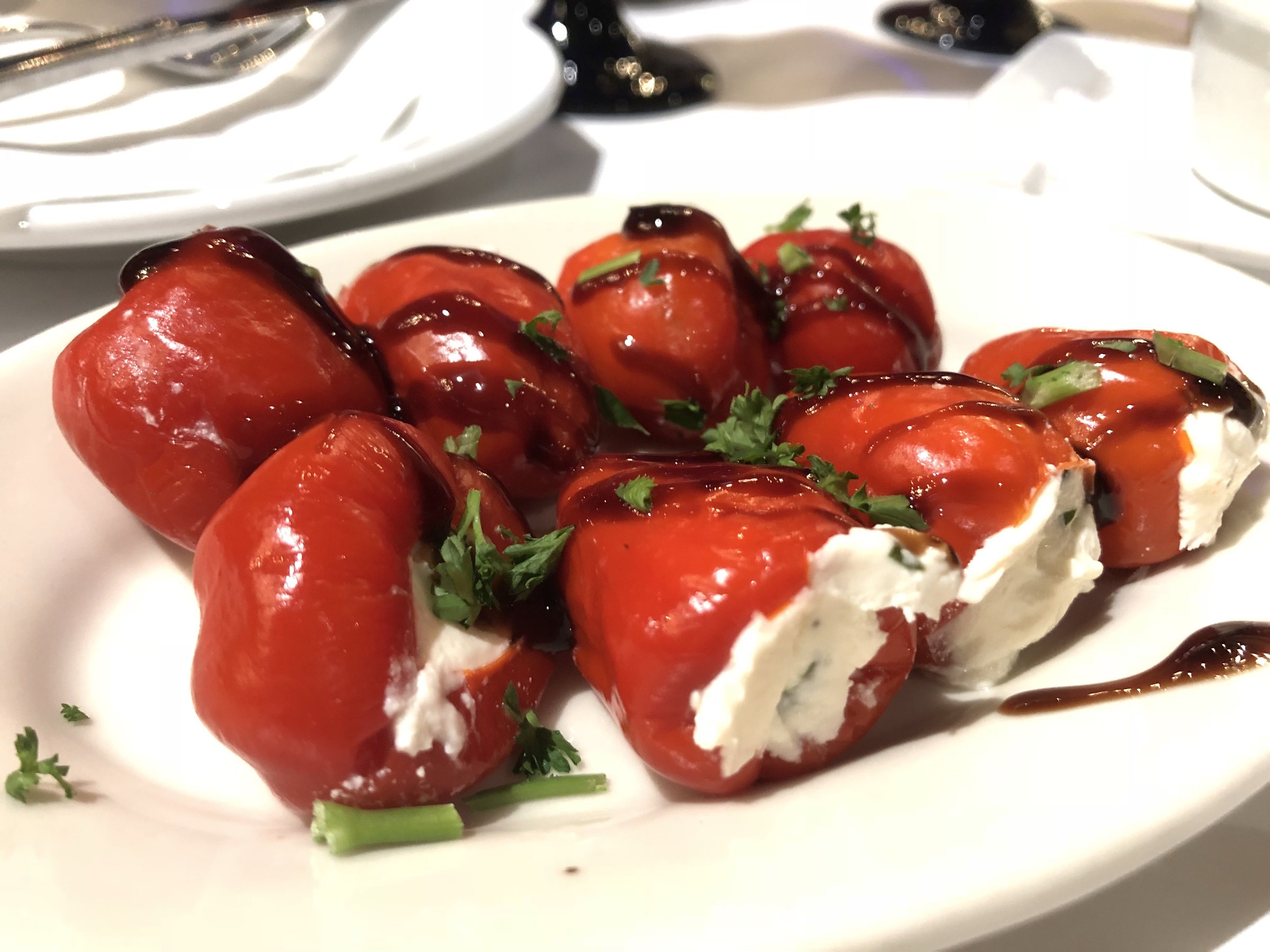 Stuffed peppadew peppers – These sweet peppers are filled with a rich ricotta and cream cheese stuffing with herbs and topped with a splash 